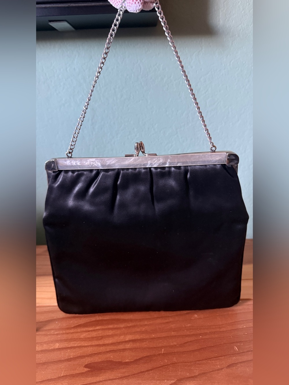 Vintage Black Satin Evening Bag Chain Strap Kiss Lock Pearlized Frame 8.5x10”
